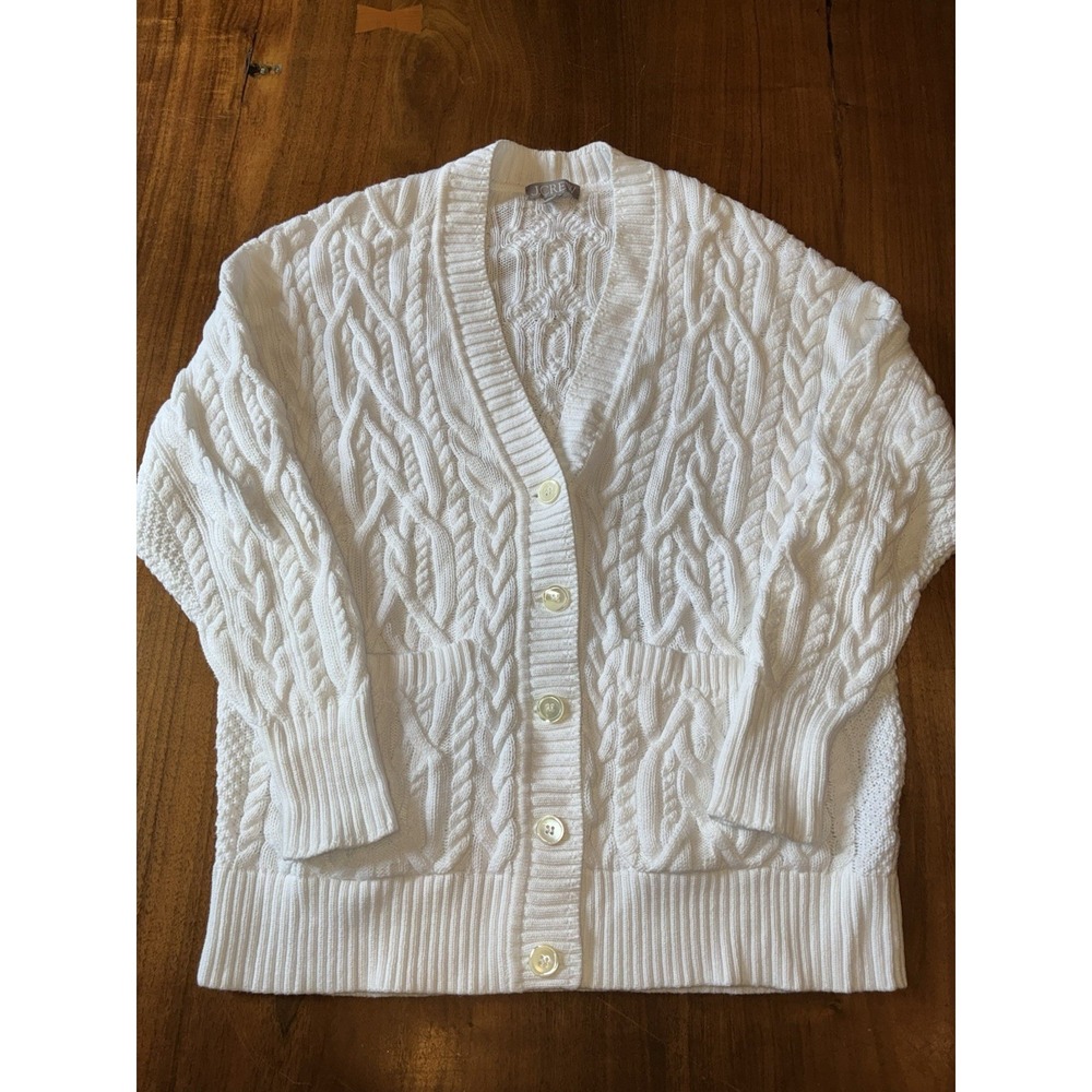 J Crew Cable Knit Cardigan Sweater Jumper Womens L White Preppy Teacher